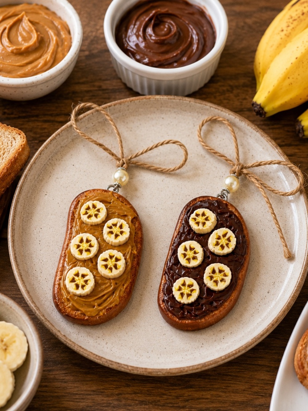 Banana & Peanut Butter or Nutella Chocolate Toast Ornament, Handmade Miniature